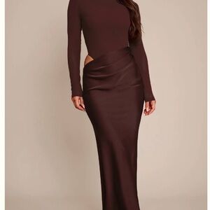Chocolate Mesh Long Sleeve Draped Maxi Dress